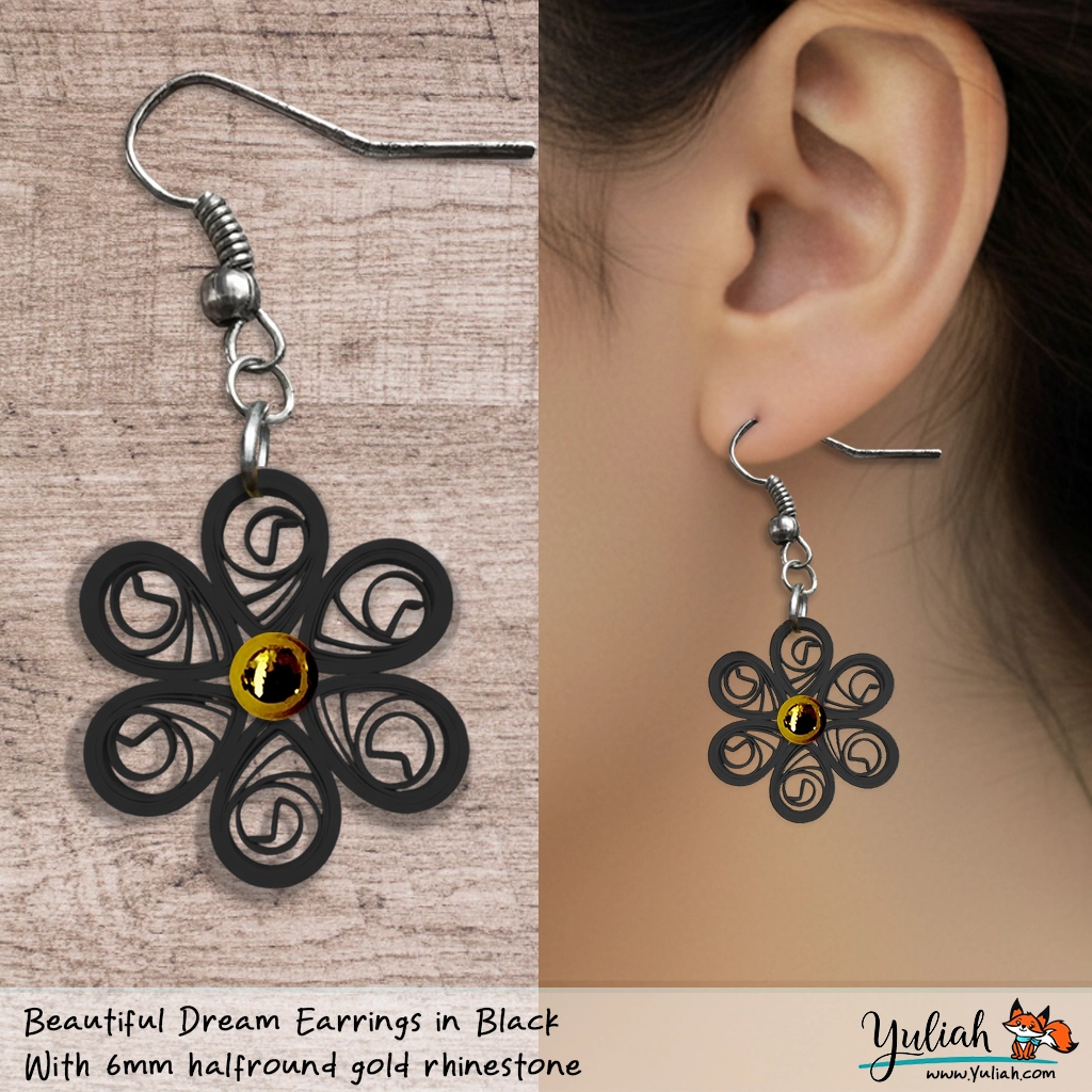 Beautiful Dream Black Gold Floral Dangle Earring 6mm
