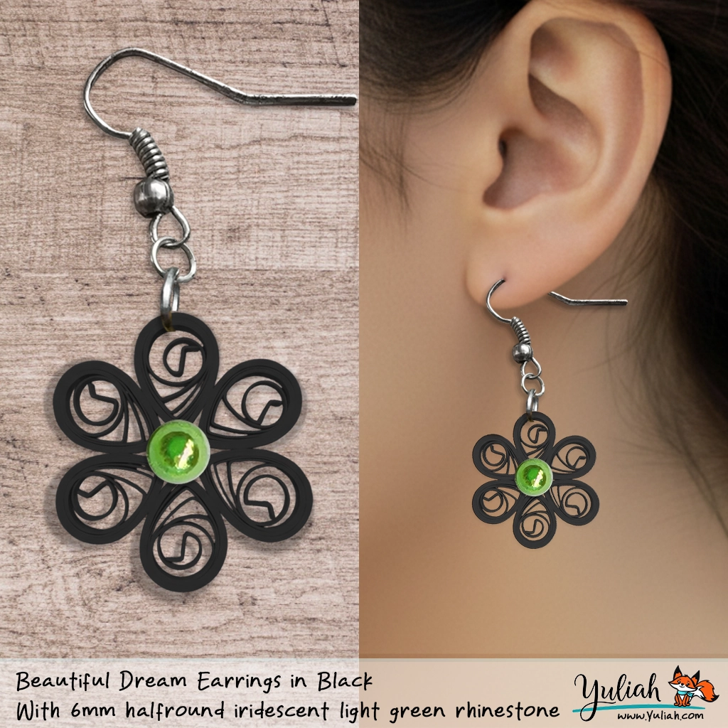 Beautiful Dream Black Green Floral Dangle Earring 6mm light