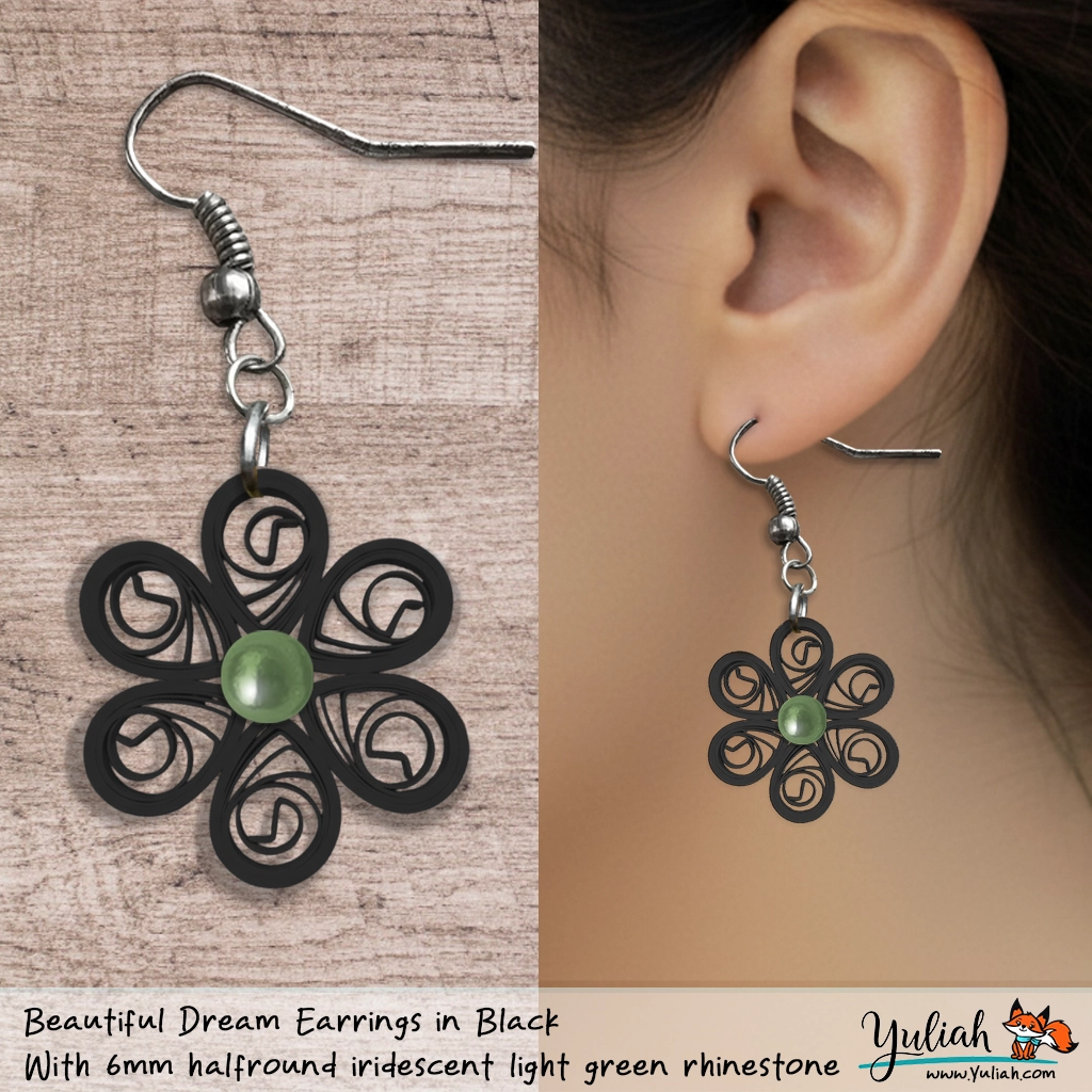 Beautiful Dream Black Green Floral Dangle Earring 6mm olive