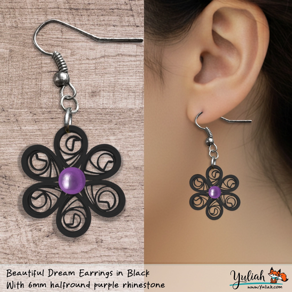 Beautiful Dream Black Purple Floral Dangle Earring 6mm
