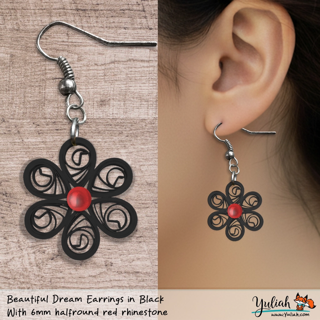 Beautiful Dream Black Red Floral Dangle Earring 6mm