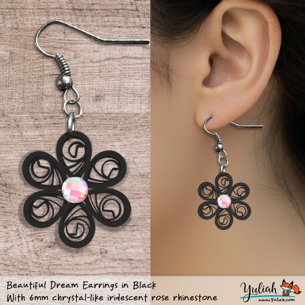 Beautiful Dream Black Rose Floral Dangle Earring 6mm chrystal