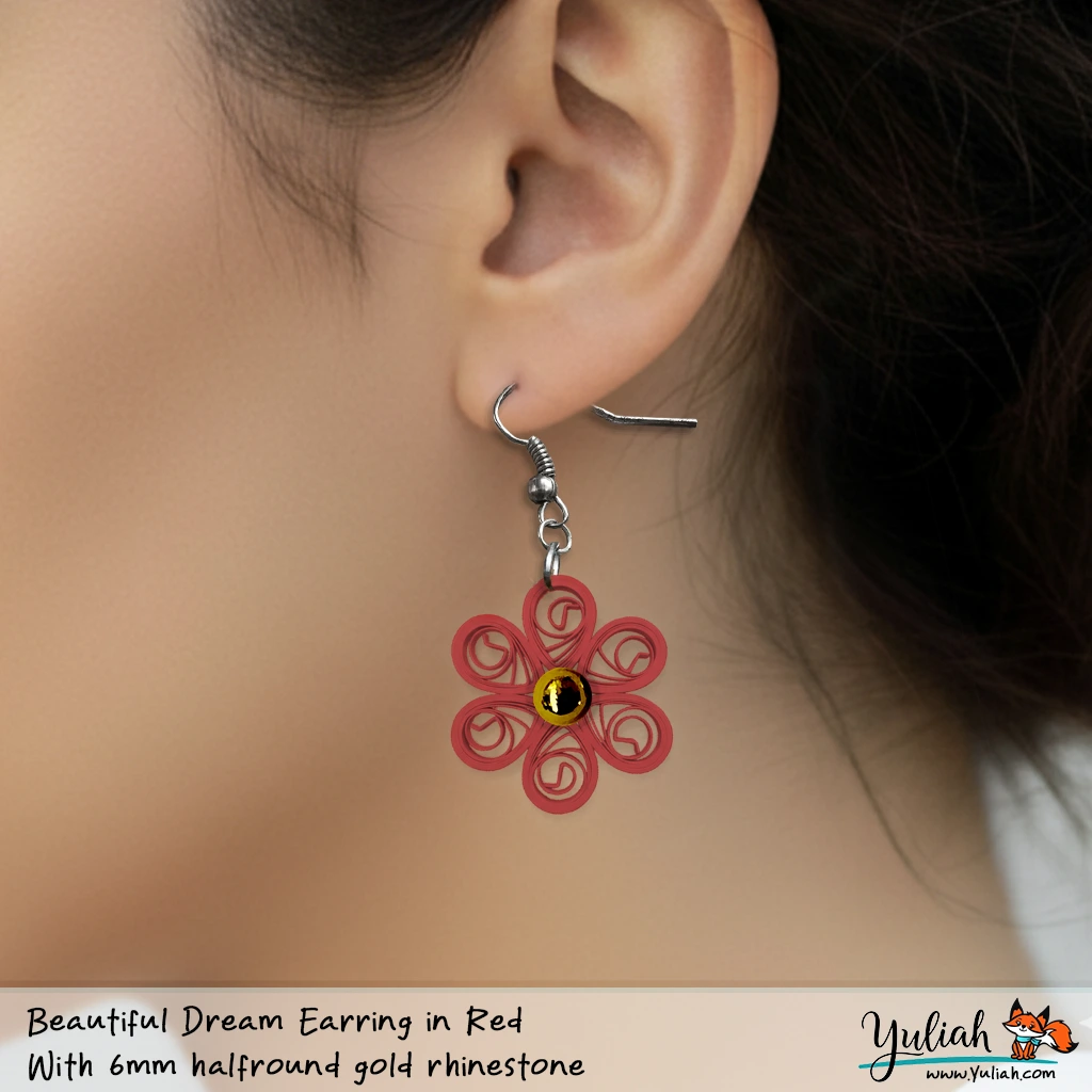 Beautiful Dream Red Gold Floral Dangle Earring 6mm in ear