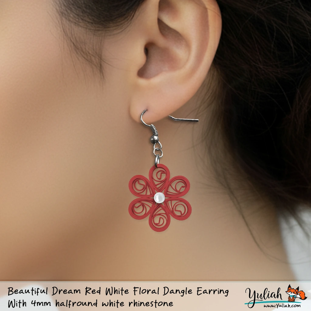 Beautiful Dream Red White Floral Dangle Earring 4mm white