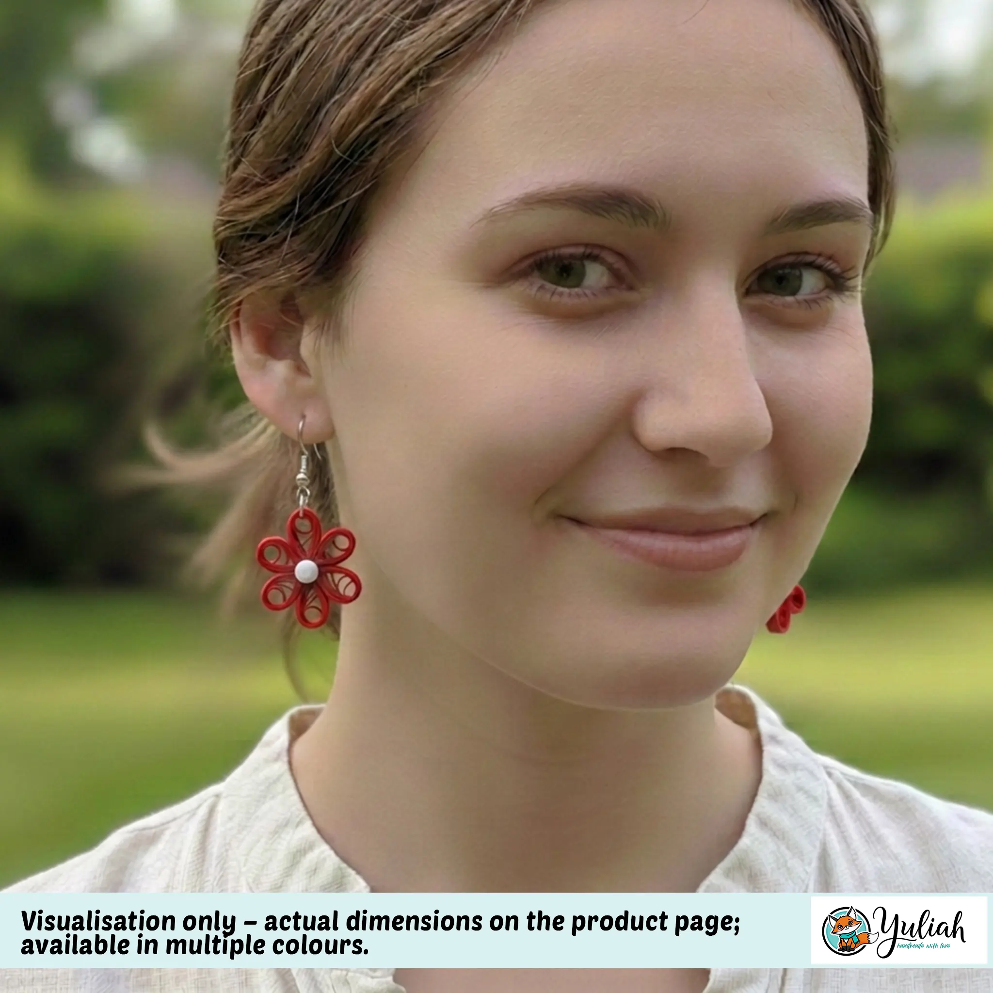 Beautiful Dream Red White Floral Dangle Earring in ear