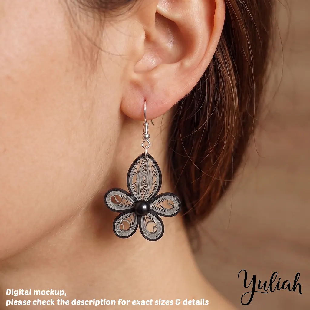 Dancing Flame black grey floral dangle earrings 03