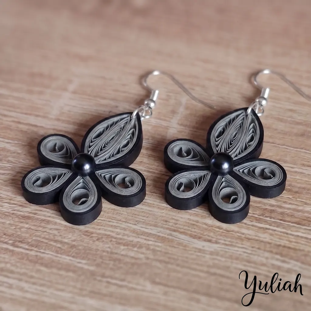 Dancing Flame black grey floral dangle earrings 2