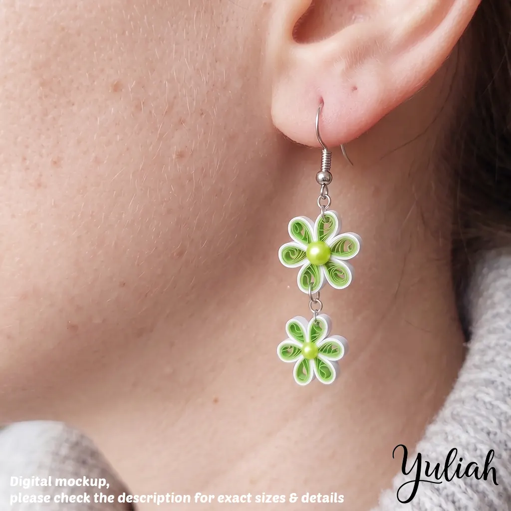 Dreamy Duo green white floral dangle earrings 3