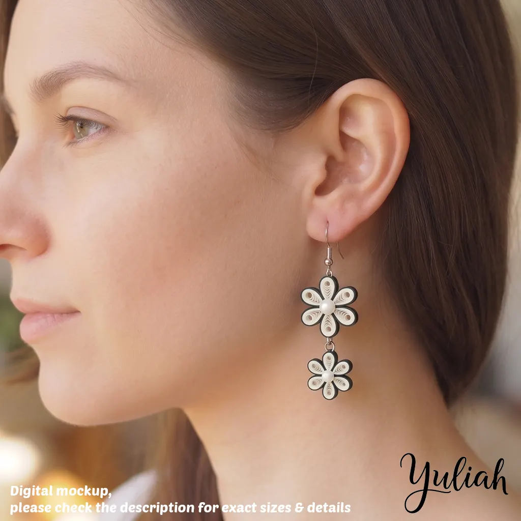 Dreamy Duo white black floral dangle earrings 03