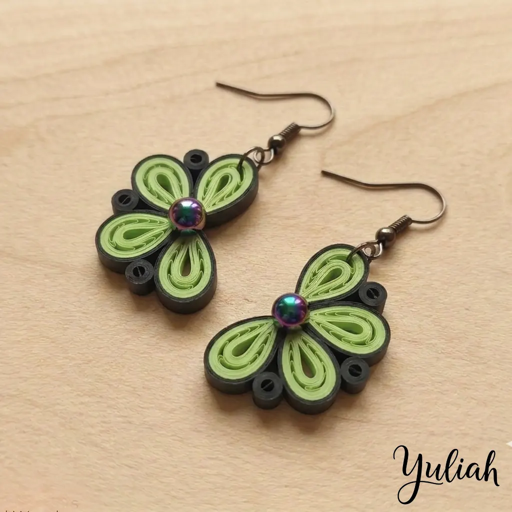 Twin Breeze Green Black Floral Dangle Earrings 2